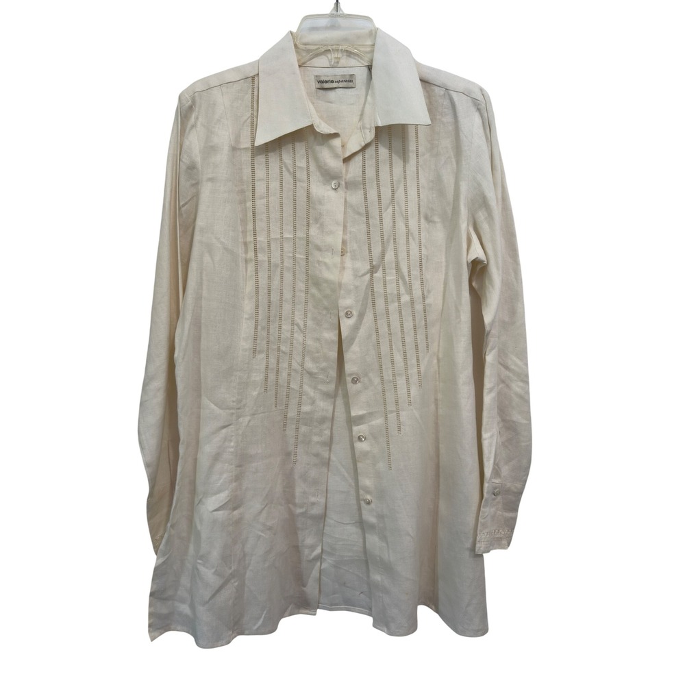 Linen Tunic Shirt Ivory Openwork Embroidered Lagenlook Long Sleeve Size M